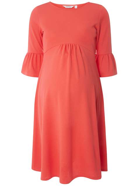 **Maternity Coral 3/4 Flute Sleeve Dress